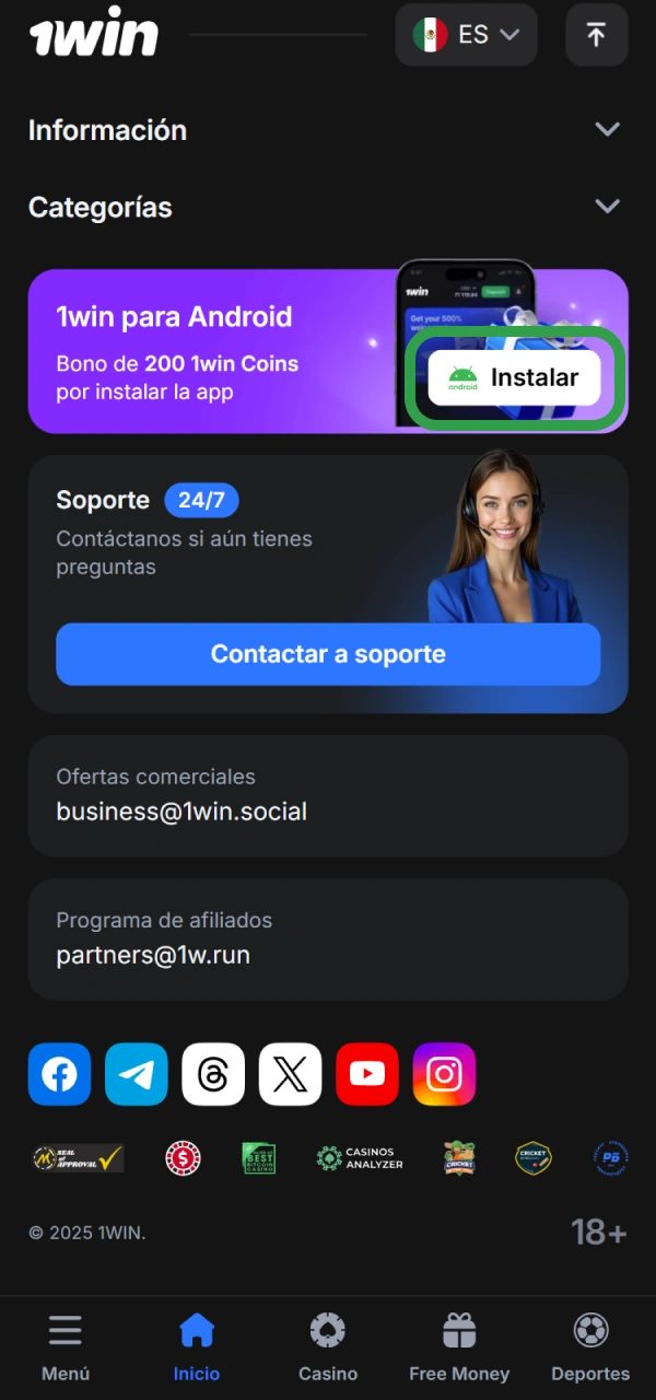 Desplácese hacia abajo y busque el botón aplicaciones en 1win.