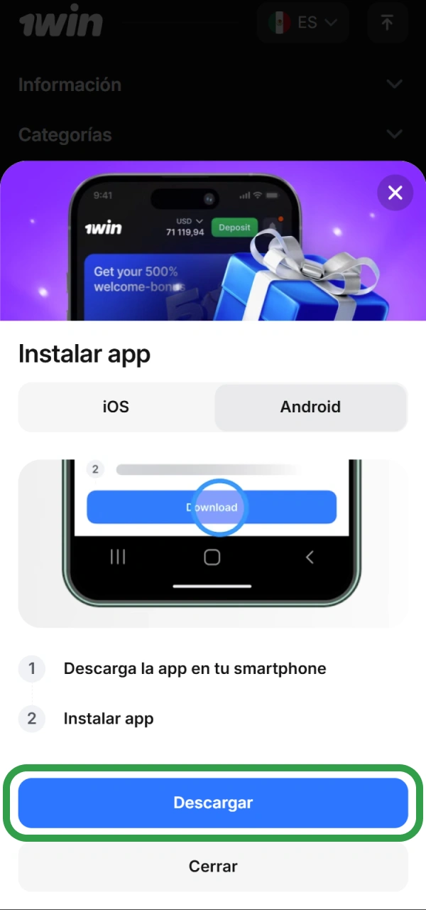 Haga clic en el icono para descargar la aplicación 1win.