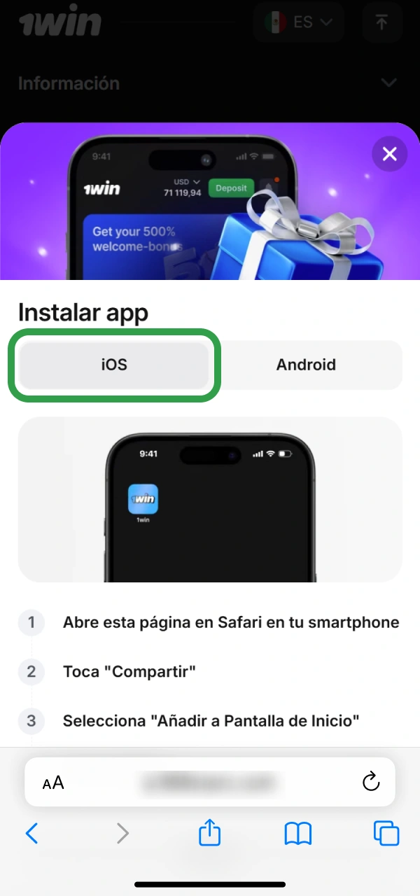 Obtenga la versión para iOS de 1win en su sitio.