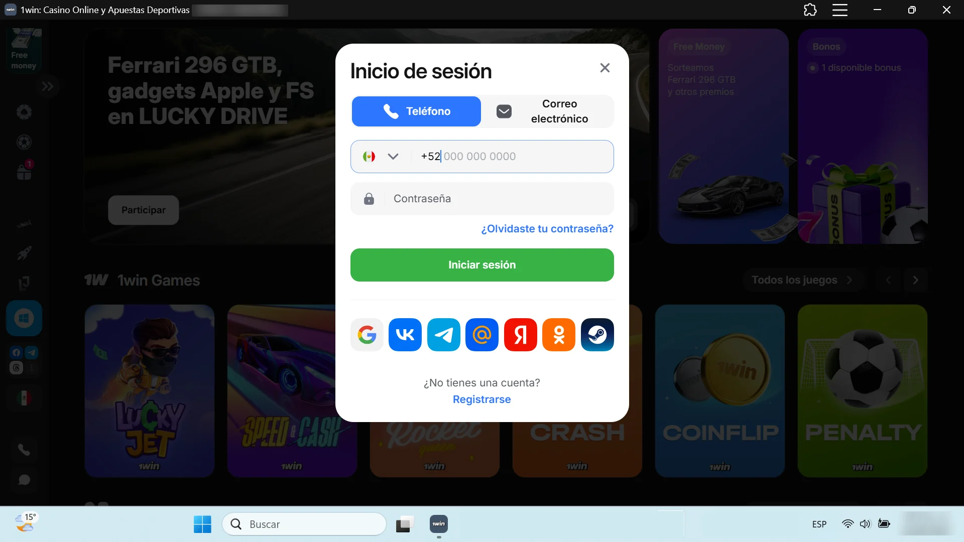 Inicie sesión en 1win en la aplicación para PC.