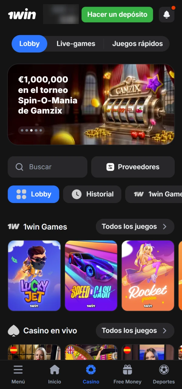 Seleccione una categoría de casino y juegue en 1win.