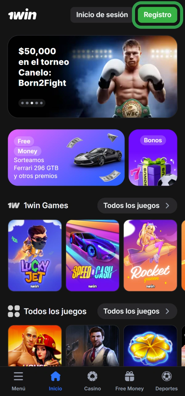 Haga clic en Registro para aplicar su código promocional 1win.