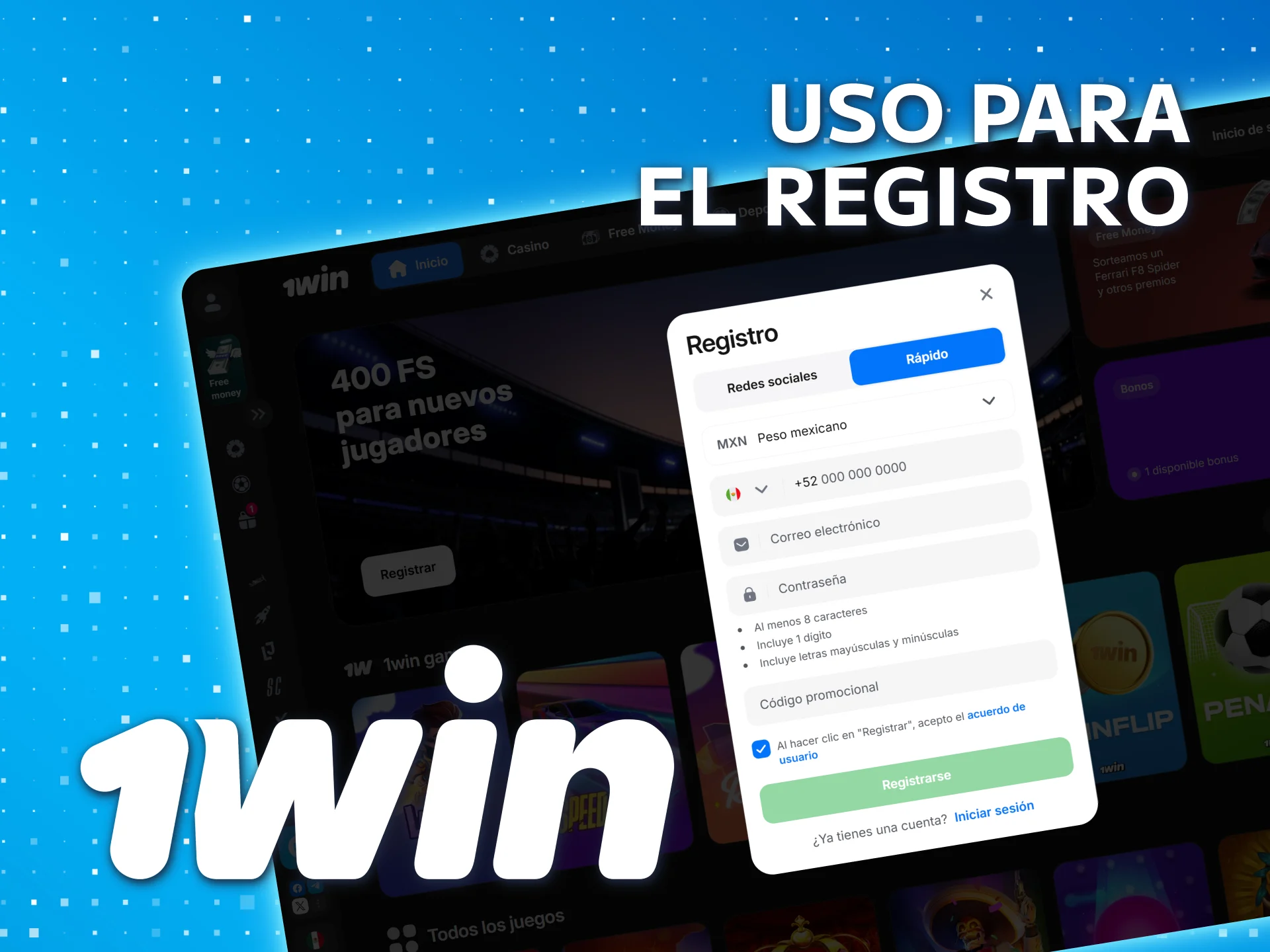 Aplica el código promocional de 1win al registrarte.