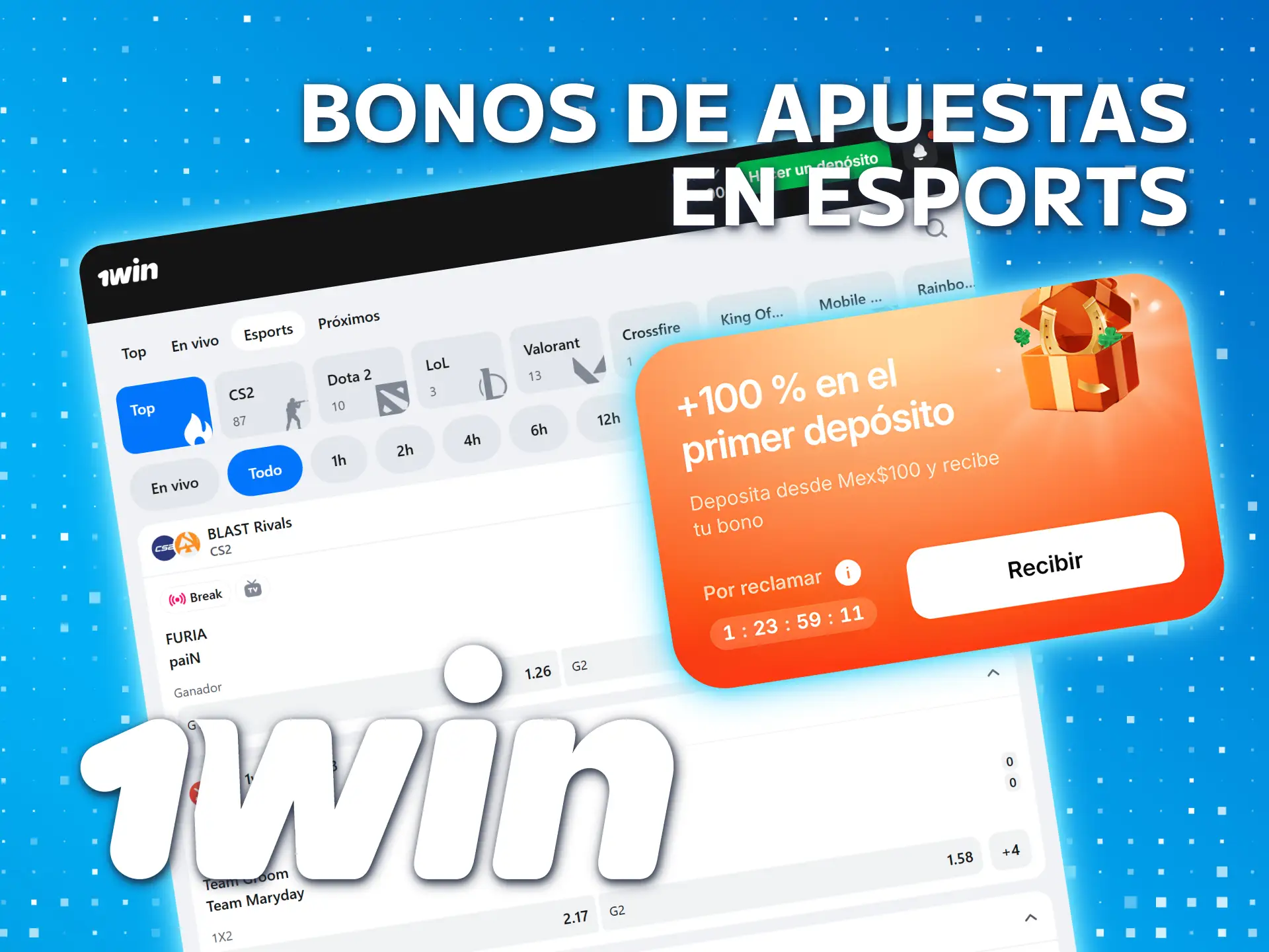 Desbloquee el bono de bienvenida de eSports en 1win México.