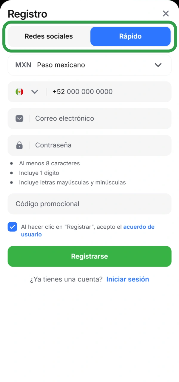Seleccione el método de registro en 1win México para eSports.