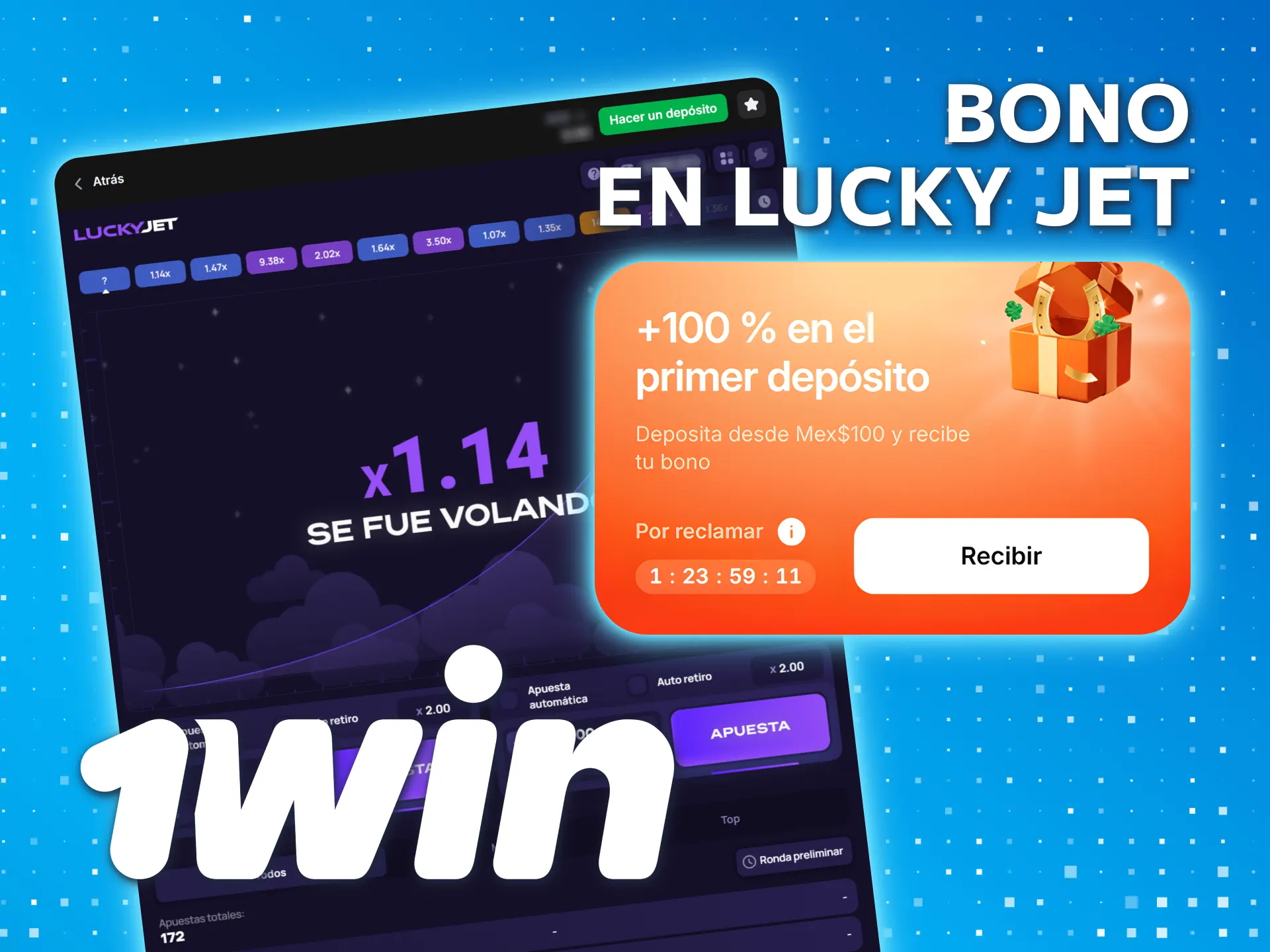 Reclame el bono 1win México para usarlo en Lucky Jet.