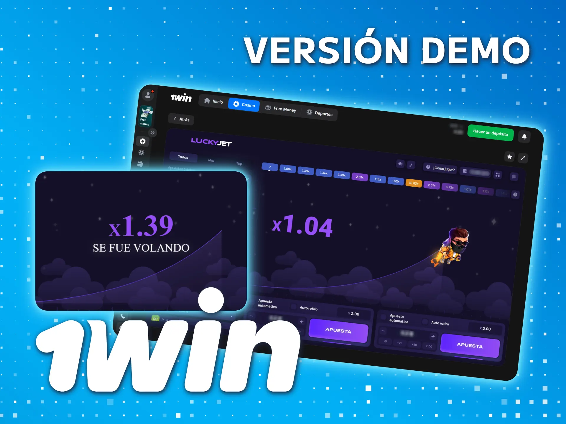 Practique la demostración de 1win México Lucky Jet en línea.