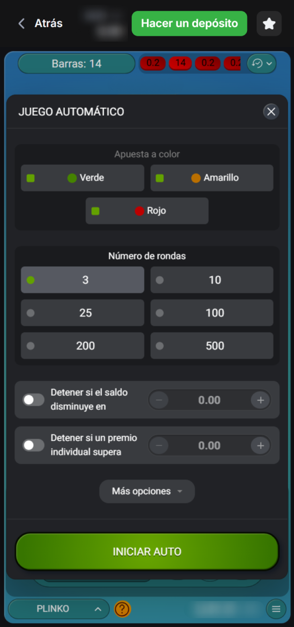 Elija el modo automático para jugar 1win México Plinko.